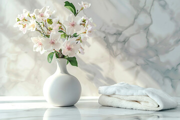 Silicone vase with flowers on white marble wall over countertop in stylish bathroom