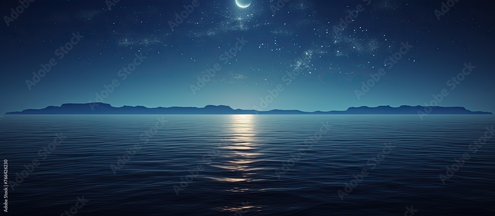 Poster serene night view with the glowing moon and stars casting a shimmering reflection on the tranquil oc