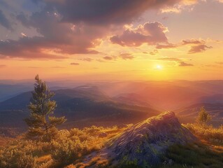 olden Hour Heights Experiencing the Splendor of Sunset from a Mountain Overlook , 3D render ,4k