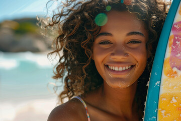 Generative AI portrait of cheerful charming girl having fun on summer vacation tropical beach