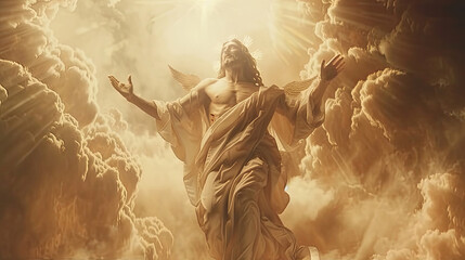 Glorious Ascension Among Clouds, faith, religious imagery, Catholic religion, Christian illustration