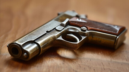 Close-Up of Vintage Handgun on Wooden Surface