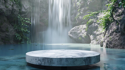 Image of a product display stand and a backdrop of a waterfall in the rainforest for displaying...