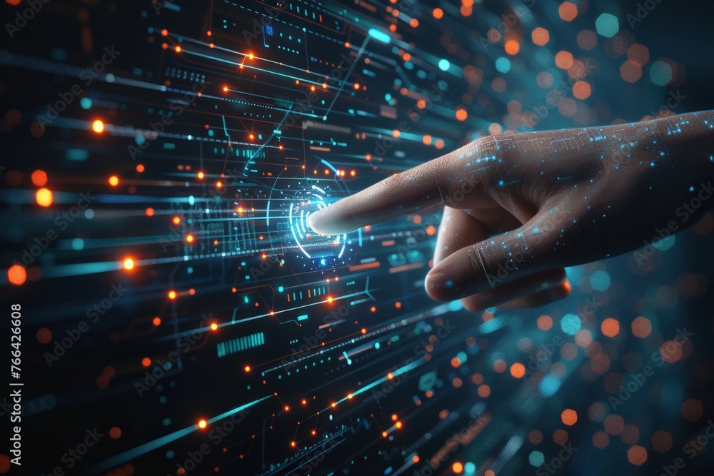 Aufkleber humanoid finger points at a virtual cosmos within circuits, symbolizing the quest for knowledge in t