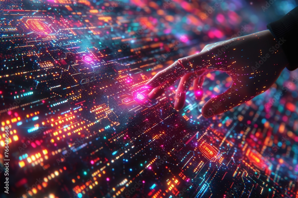 Poster hand interacts with vivid digital interface, fingers alight with neon circuit patterns, depicting fu