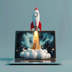 Small Rocket Launch from Laptop on Pale Blue Banner with Smoke

 - obrazy, fototapety, plakaty