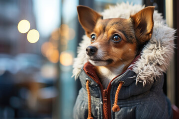 Dog wearing parka or coat in animal clothing on city street. Cavalier King Spaniel.  Dog fashion