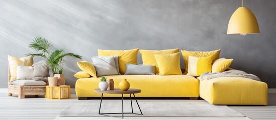 A living room featuring a yellow couch adorned with matching yellow pillows. The furniture...