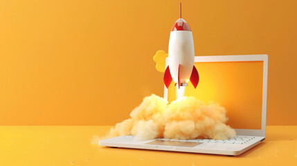 Rocket Launch from Laptop Bold Yellow Background with Copy Space