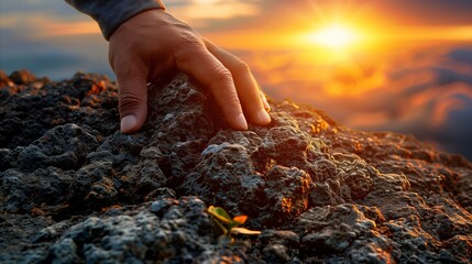 Hand Reaching the Summit at Sunset