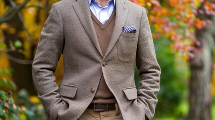 Elegant Autumn Fashion, Man in a Stylish Brown Blazer Outdoors