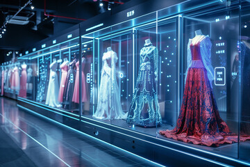 Digital fashion showroom of the future, showcasing the latest in virtual couture with interactive, holographic displays set against a sleek, minimalist interior, fashion photography style