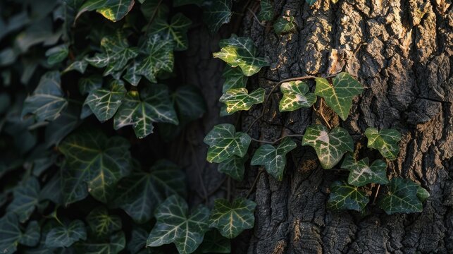 In the park, there is lovely, untamed ivy growing on the bark of a tree.