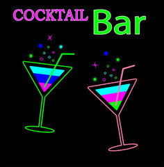 Cocktails and drinks in different glasses according to the menu. Alcoholic drinks. Vector illustration.