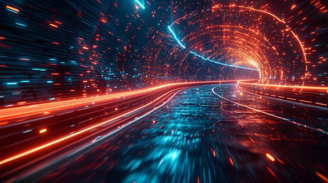 Abstract technology background combines speed with Hong Kong city night scenes.
