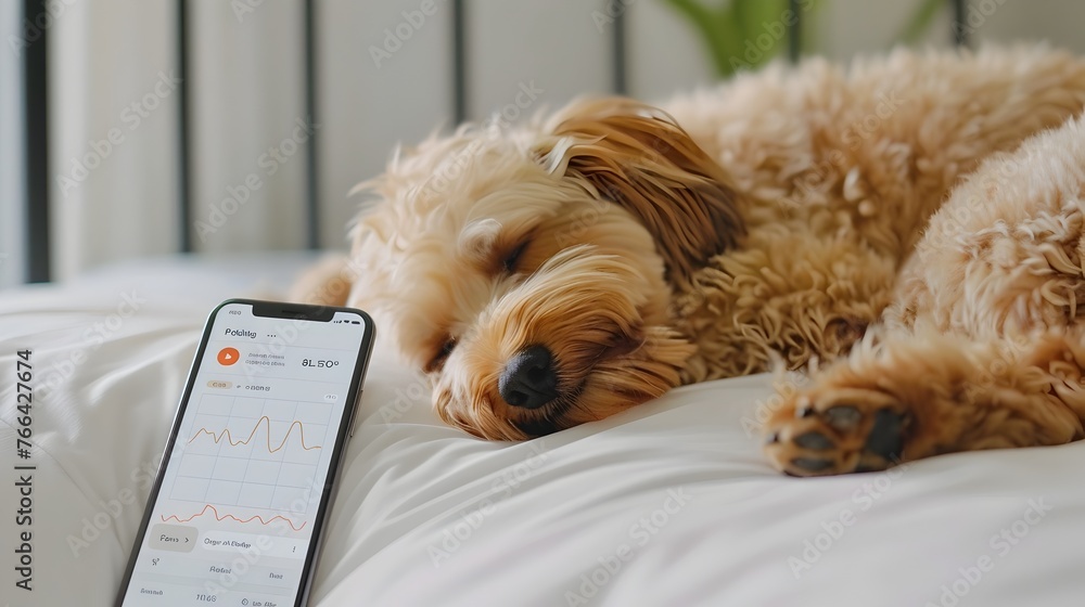 Poster sleeping dog resting on couch with smartphone displaying pet wellness app and wearable tracker metri