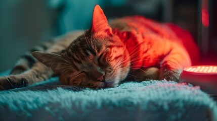 Cozy Cat Undergoing Laser Therapy for Arthritis Relief in Veterinary Clinic