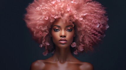 Beauty, skincare and happiness, black woman with pink hairstyle. African glam model with smile on face, salon makeup glow and wellness.