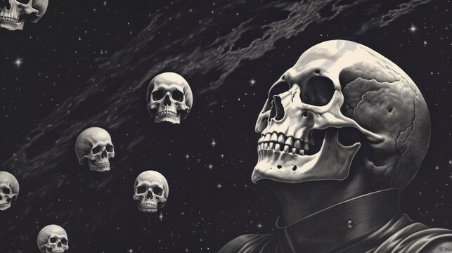 A skull is surrounded by many other skulls, creating a sense of death and decay. The image is black and white, adding to the somber mood