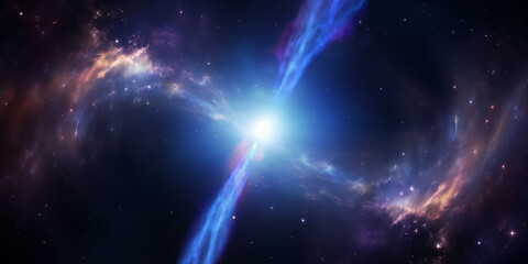 Quasar présentant un jet bipolaire de plasma émis par un trou noir supermassif actif caché en son centre - obrazy, fototapety, plakaty