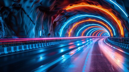 Artistic image depicts truck light trails within a tunnel.