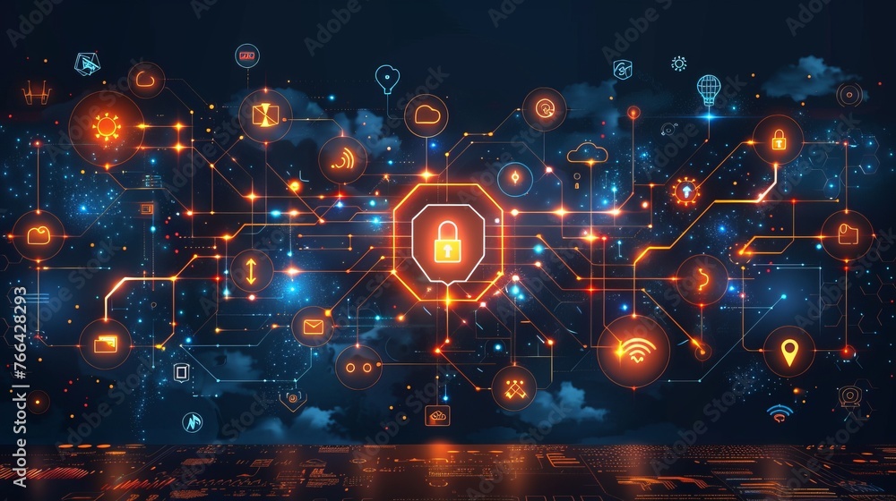 Poster banner design elements illustrating business cloud data computing security and server virus protecti