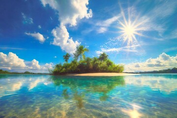 Tropical island, water reflections, transparent blue water, dutch angle, sandy clean lake - obrazy, fototapety, plakaty
