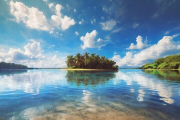 Tropical island, water reflections, transparent blue water, dutch angle, sandy clean lake