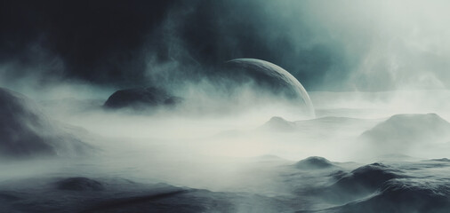 illustrazione di superficie di pianeta avvolta da dense nebbie e vapori