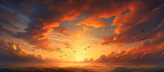 A natural landscape painting capturing the amber afterglow of a red sky at morning. Cumulus clouds drift across the orange dusk sky, with a flock of birds flying gracefully - obrazy, fototapety, plakaty