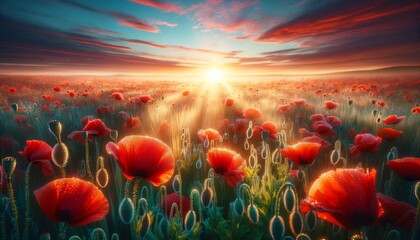 Stylized Digital Art of a Poppy Field with Sunburst Through the Sky