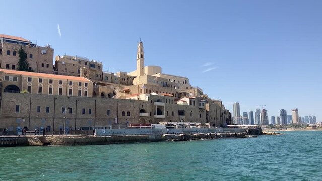 Jaffa. Tel Aviv Israel. Panorama of the ancient Arab city from the sea, Mediterranean yachting.