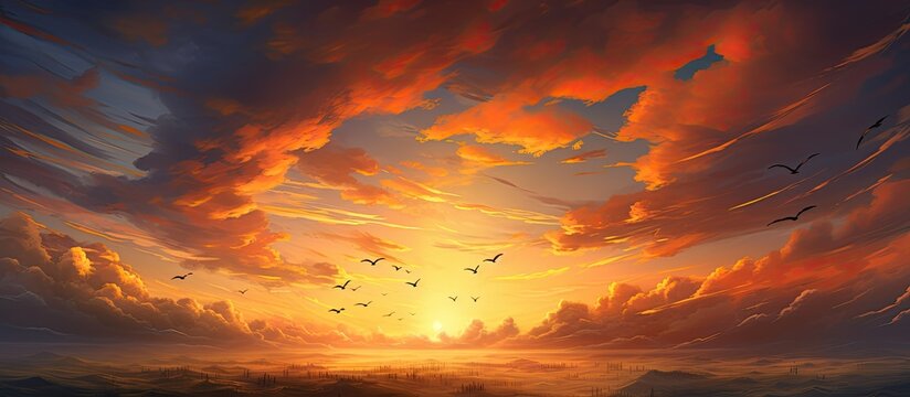 A natural landscape painting capturing the amber afterglow of a red sky at morning. Cumulus clouds drift across the orange dusk sky, with a flock of birds flying gracefully