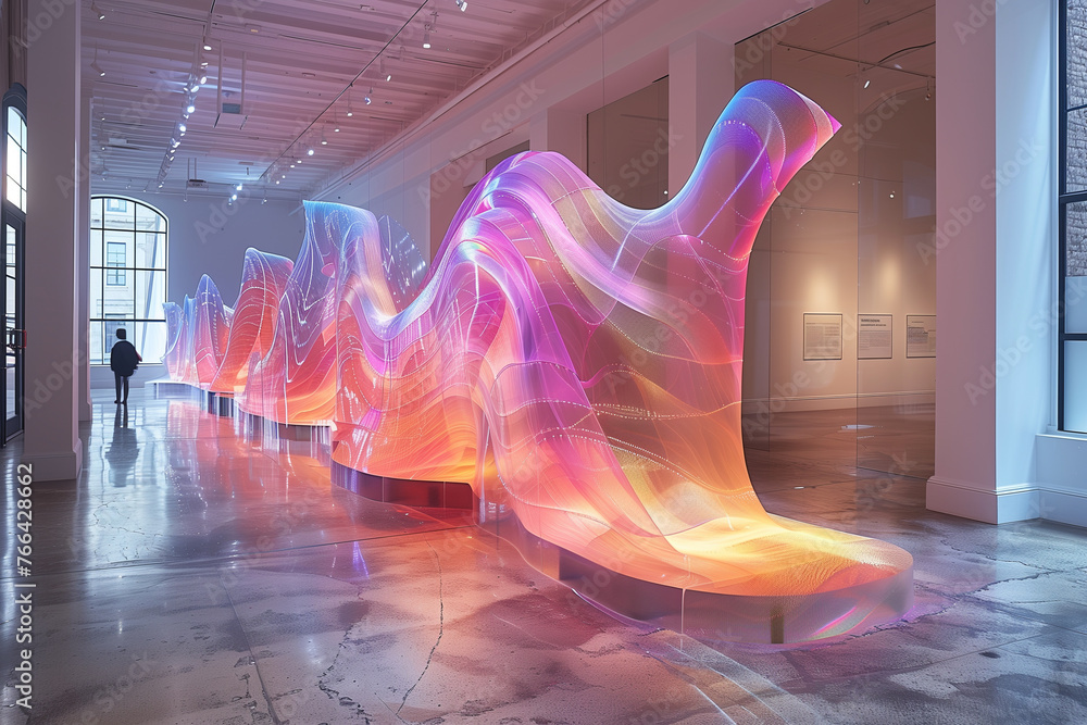 Poster a large sculpture stands in a spacious room with windows, casting shadows and creating a focal point