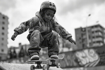 Black and white image of a joyful curly-haired child in casual wear and a beanie, looking up with a playful expression..
