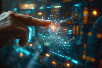 Fototapeta premium A person interacts with a complex, glowing digital interface, indicative of advanced technology and futuristic innovation..