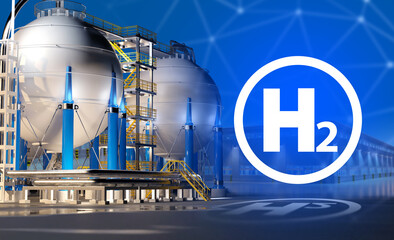 Hydrogen factory. Logo h2 near manufactory. Spherical hydrogen storage tanks. Alternative energy....