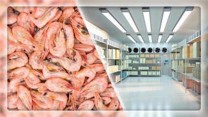 Refrigeration warehouse with shrimps. Freezer for seafood. Refrigeration warehouse with boxes on...