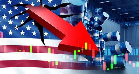 Collapse fuel industry in USA. American flag near falling barrels. Graph shows fluctuations in fuel...