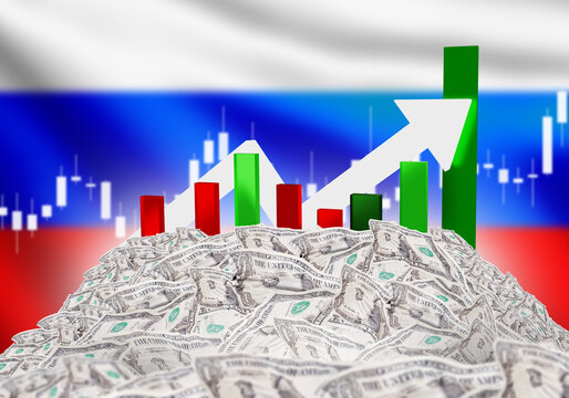 Growth Russia economy. Increasing foreign exchange reserves Russian federation. Pile money with Russian flag. GDP growth charts. Improving economic climate. Growth Russian financial sector. 3d image