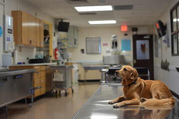 A attentive golden retriever sits on an examination table at a veterinary clinic with healthcare staff in the background..