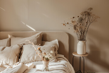 Beige bedroom interior with beige bed, pillows and duvet cover in the style of scandinavian style, vase of dried flowers on the bedside table. Home decor concept.