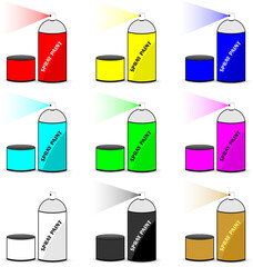 A set of different colored spray cans for spray paint