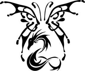 Phoenix Rising bird in butterfly wings, black vector drawing design