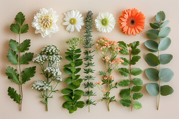 Various types of flowers and leaves displayed in a bunch flatlay - Powered by Adobe
