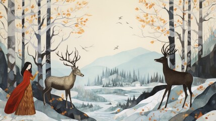 A woman is walking through a forest with two deer. The deer are one brown and one white