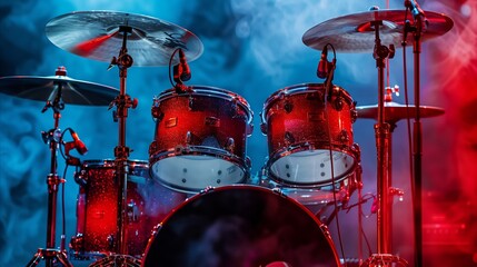 Illuminated Red Drum Set on a Moody Concert Stage