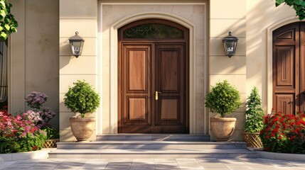 Fototapeta na wymiar Luxury beige house with a big wooden door. Home exterior.