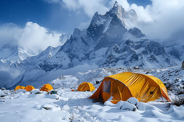 Serene Mountain Campsite in Winter Splendor - obrazy, fototapety, plakaty