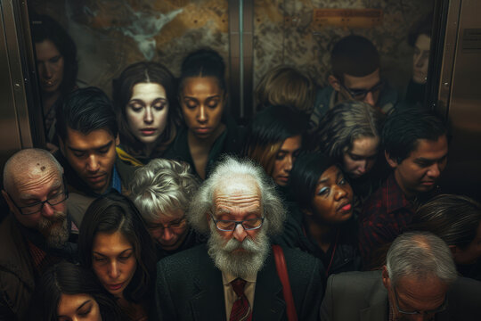 A tightly packed group of individuals captured in a high-contrast black and white photograph inside a crowded elevator.